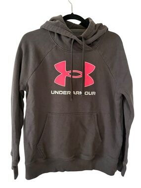 Under Armour Hoodie Women’s Medium Charcoal Gray Pink Logo Pullover sweatshirt